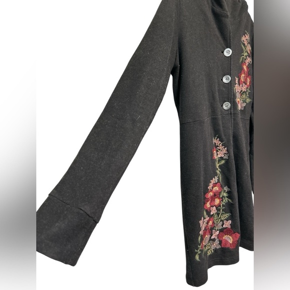 Caite Anthropologie Floral Embroidered Black Three Button Coat - Picture 4 of 12